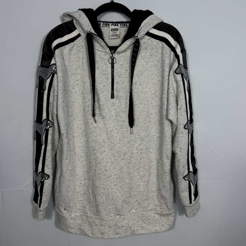VS Victoria's‎ Secret Pink Sherpa Lined Hoodie Womens M Gray Sequin Dog Pullover